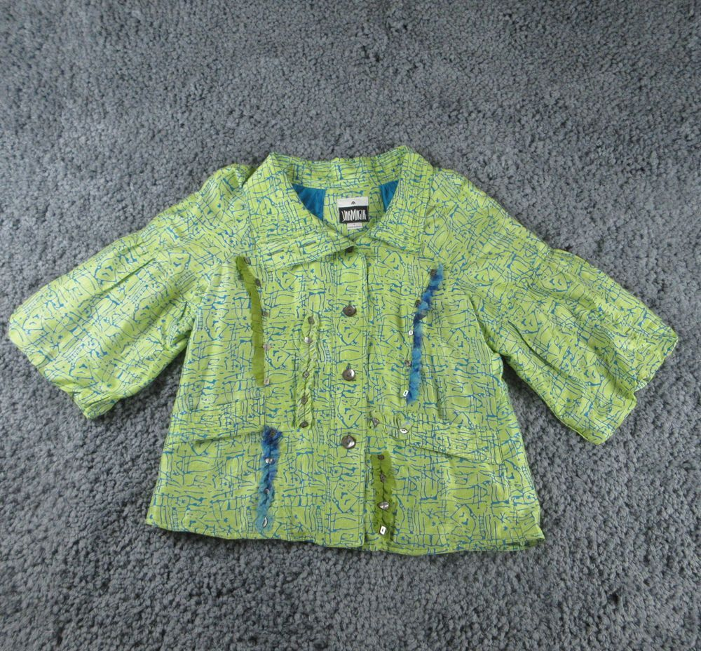 Yak Magik Jacket Womens Large Green Blue Geometric Silk 3/4 Sleeve Button Up
